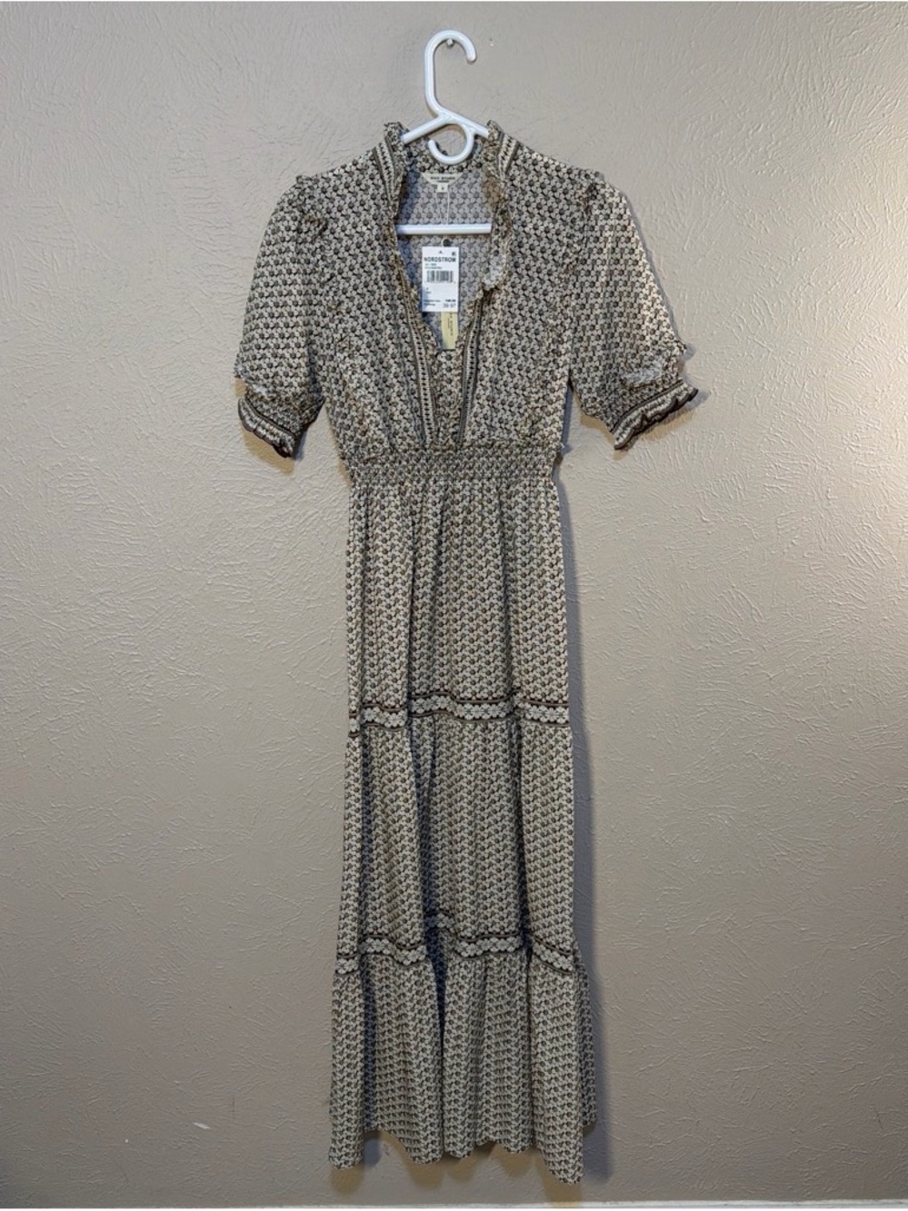 Max Studio Beige and Black Printed Tiered Maxi Dress